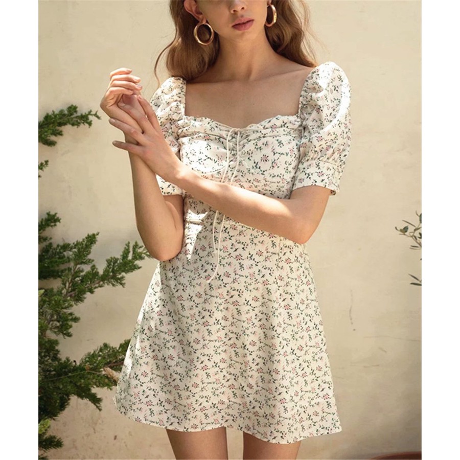 Puff Sleeve Short Sleeve Floral Dress  74398 Shopee  