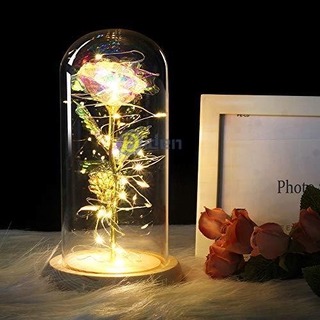 Eternal Rose with Led Light in Glass Dome On Wooden,gifts for Valentine’s Day,Anniversary, Wedding
