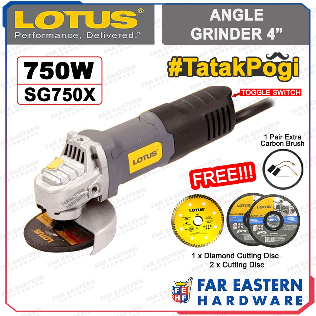 LOTUS Angle Grinder 4" 750W SG750X FREE 1x Diamond Disc 2x Cutting Disc