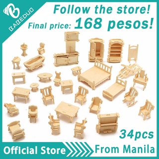 BABEDUO 1:12 Miniature 34Pcs Dollhouse Furniture for Dolls Mini 3D Wooden Puzzle DIY HOT SALE