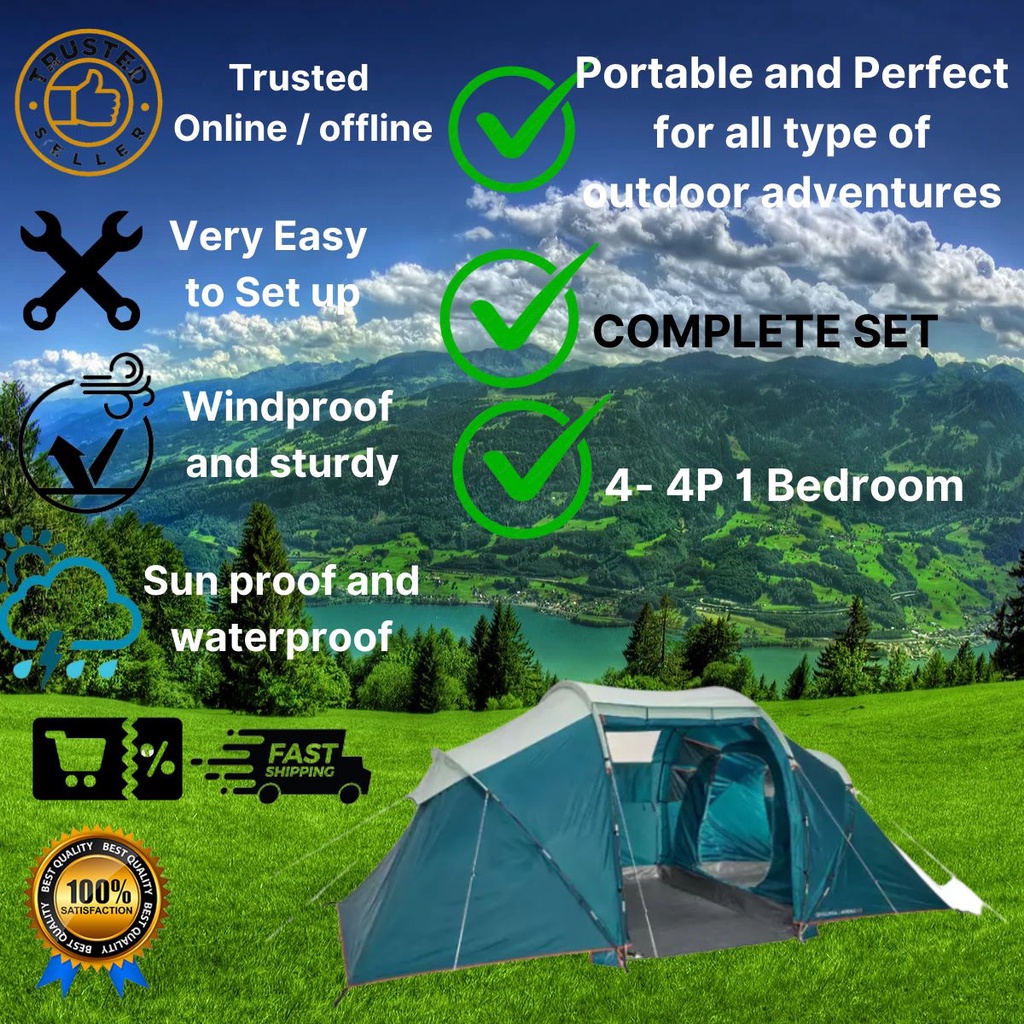 Easy Assemble Arpenaz Camping Tent Hoop Tent 4 4Person 1 Bedroom