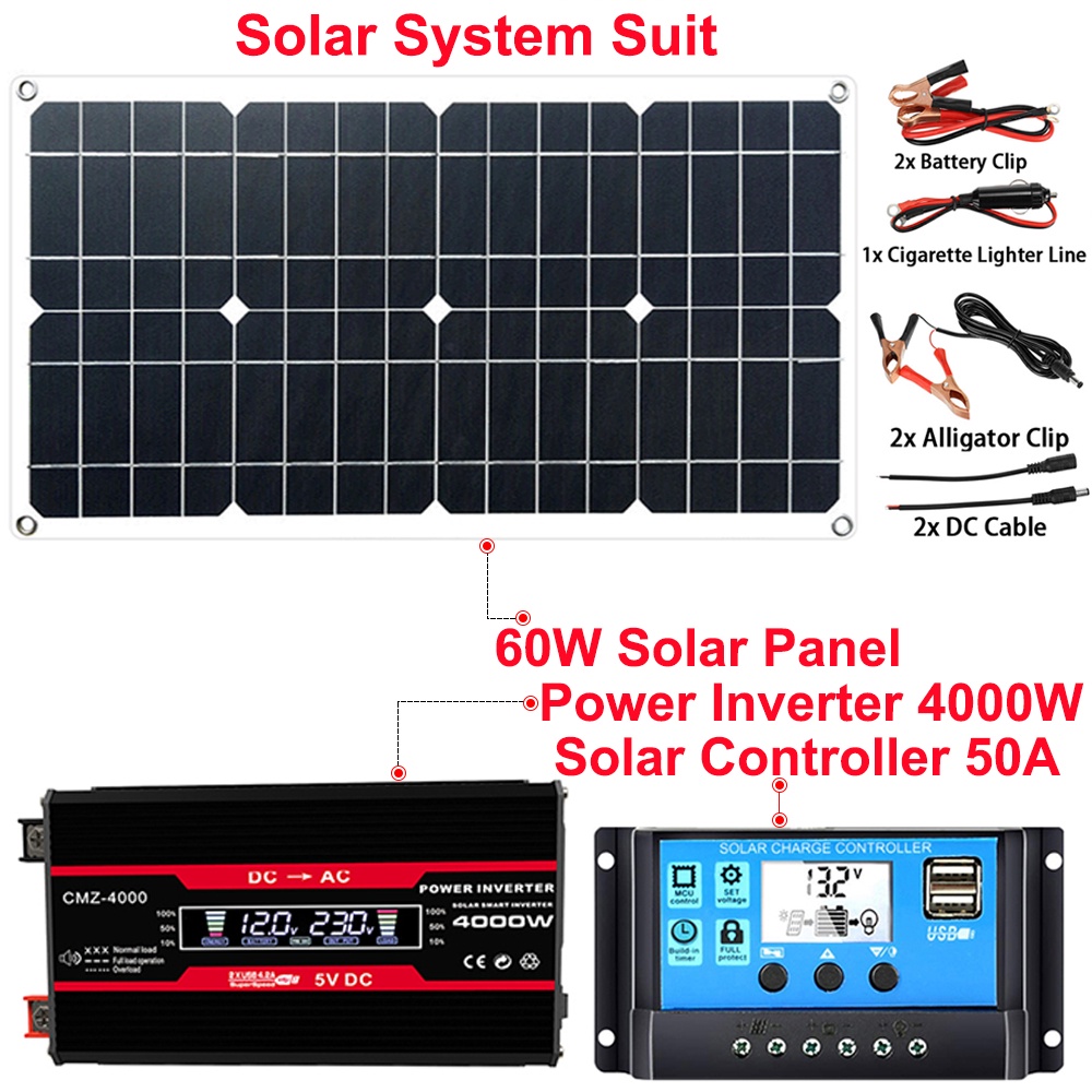 JONHAO Solar Power System Suit 4000W Power Inverter+60W Solar Panel+50A ...