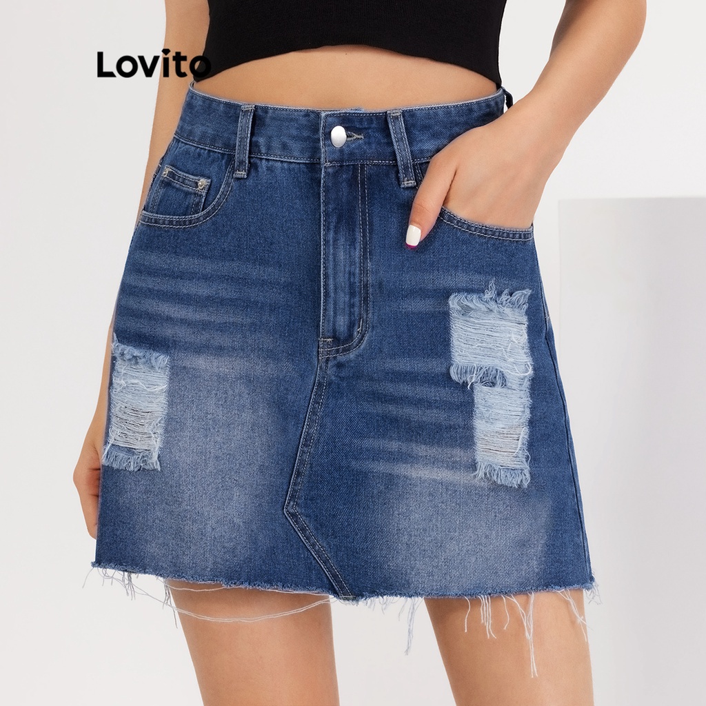 Lovito Casual Plain Pockets Spiked Raw Hem Denim Skirts L20DD08 (Dark ...