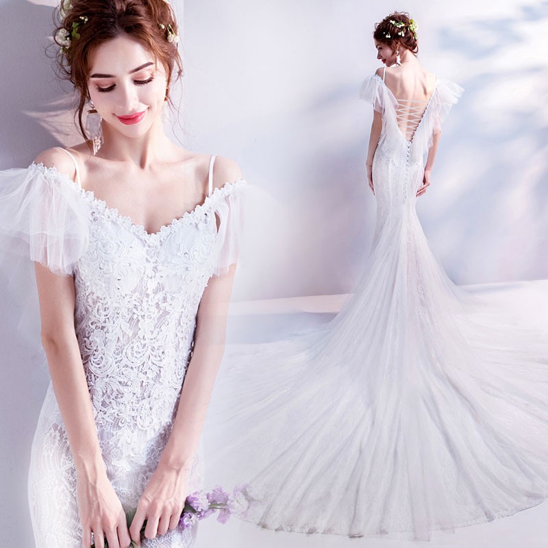 White Lace Mermaid Long Tail Wedding Gown Evening Dress Shopee