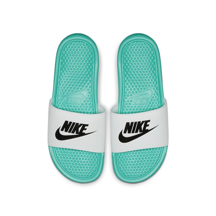 nike slippers blue and white