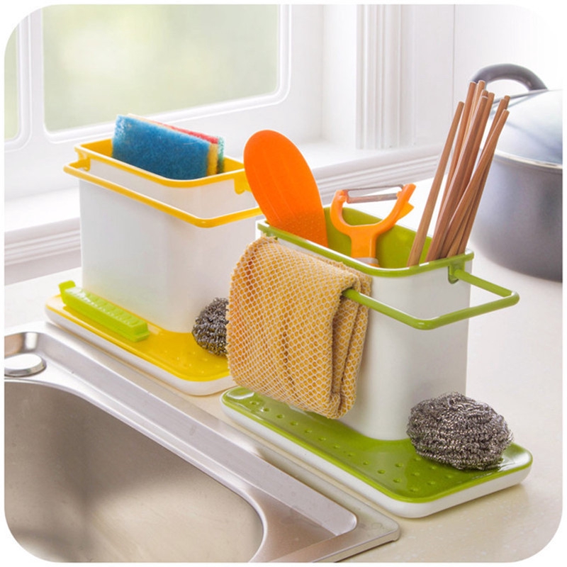 SJW Sponge Kitchen Box Draining Rack Dish Self Draining Sink Storage