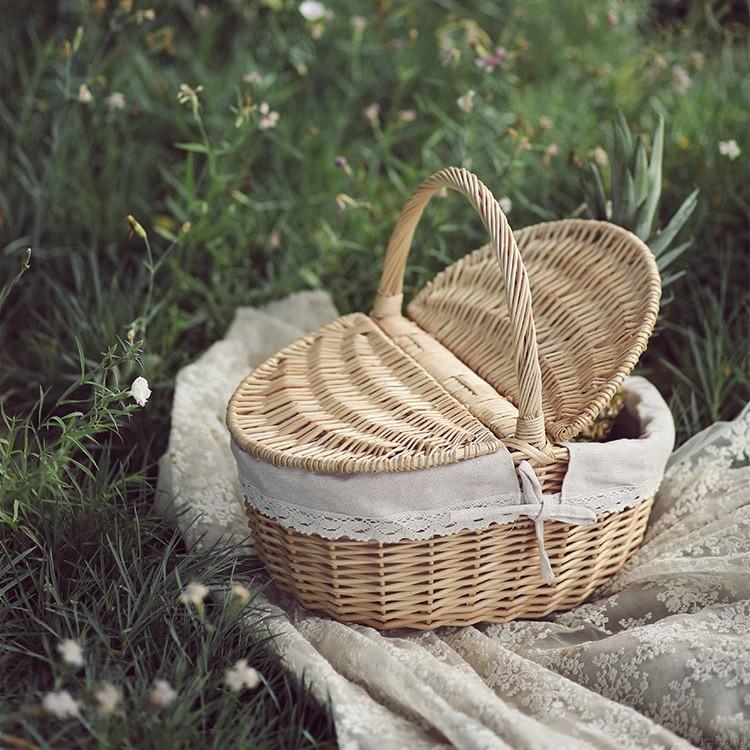 Hand Made Wicker Basket Wicker Camping Picnic Basket Strong Oval Wicker Garden Trug Basket Harvest Log Fruit with Handle Shopping Storage Hamper with Lid and Handle Wooden Color Wicker Picnic 