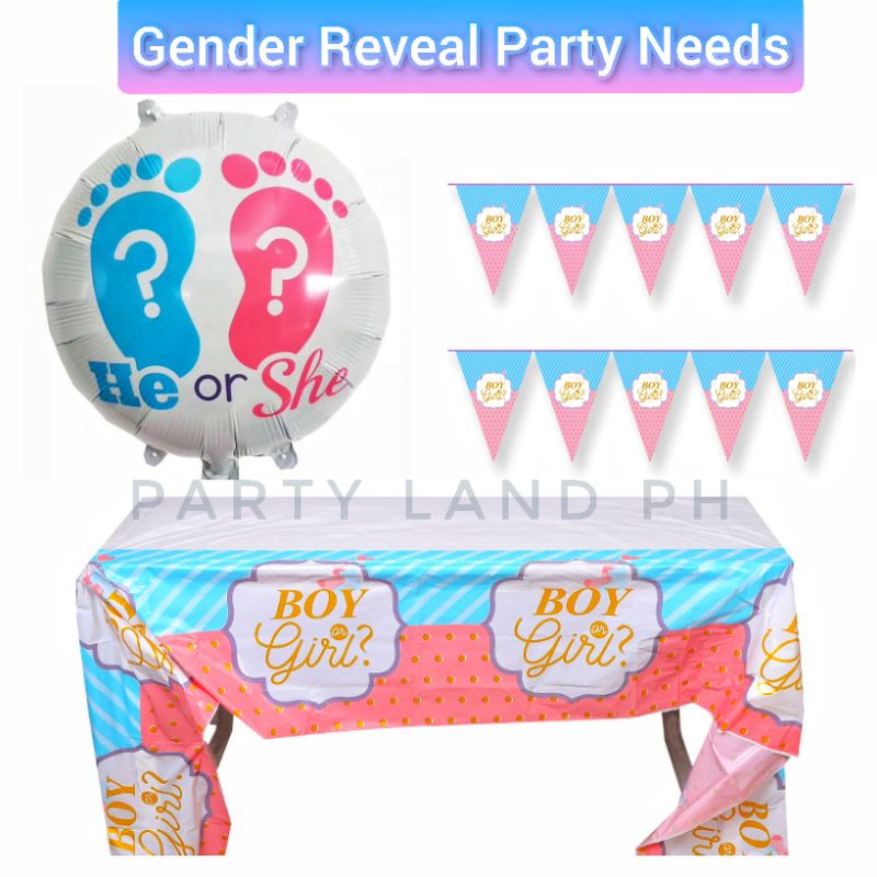 Gender Reveal Table Cover Banner Banderitas He or She Balloon Party