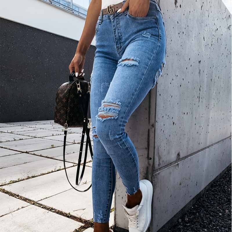 Washed Ripped Jeans Women Plus Size S 2xl Korean High Waist Trousers Skinny Denim Jeans Light Blue Shopee Philippines