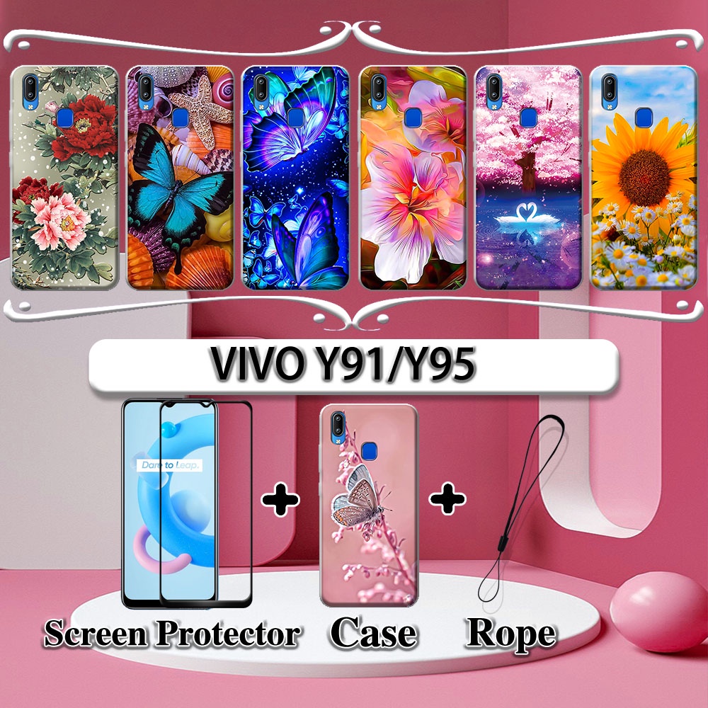 2 IN 1 VIVO Y91 Y95 Case with Tempered Glass Curved Ceramic Screen Protector Flowers Shopee