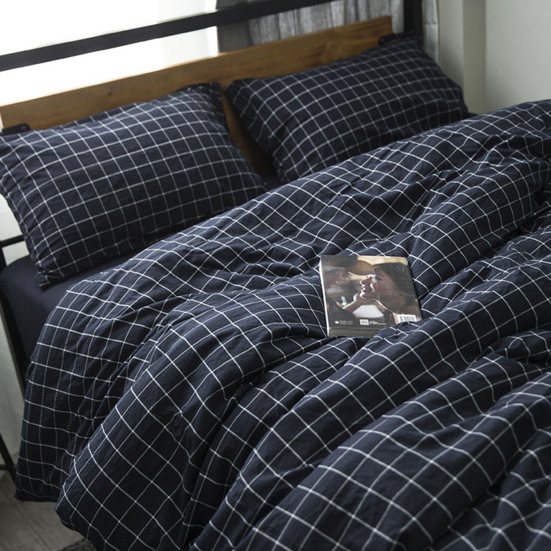 3pcs Dark Blue Plaid Duvet Cover Set For King Queen Bed 100