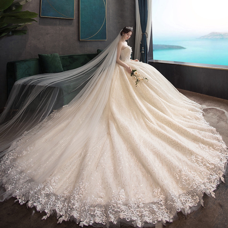 Elegant Strapless Wedding Dress Simple Lace Pearl Decorated Long Tail Wedding Gown Dress Bridal