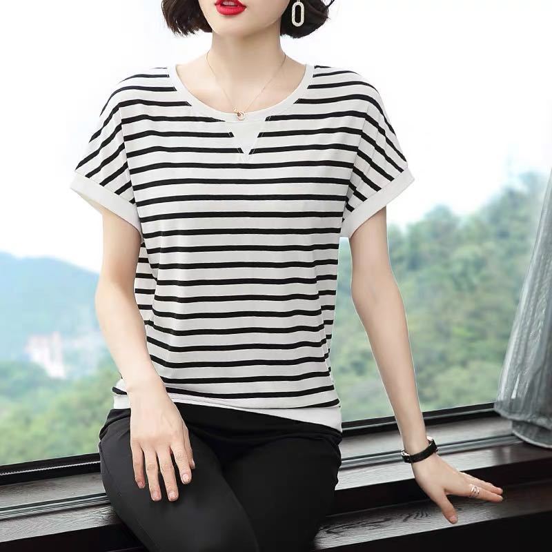 Womens Striped T Shirt F_Gotal Women Plus Size Button Down Summer Short Sleeve Casual Loose Tunic T-Shirts Blouse Tops 