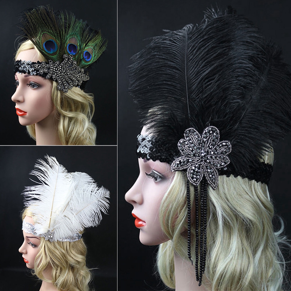 Black Sequined Glitter Rose Feather Flapper Headband Gatsby Hairstyles For Long  Hair, 1920s Long Hair, Flapper Hair | Vintage Feather Headdress Beads  Sequin Feather Flapper Headband Women Ladies Party Headdress |  