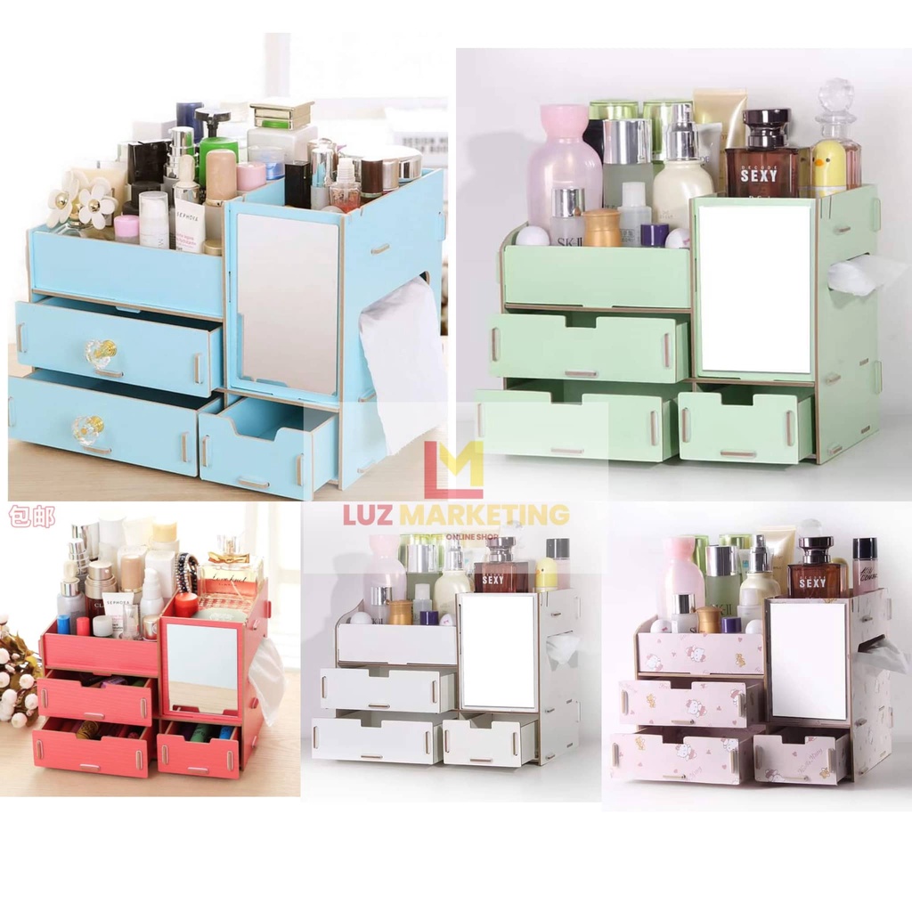 LM Wood DIY Makeup Organizer Cosmetic Drawer Display Desk Storage Make Up Shopee