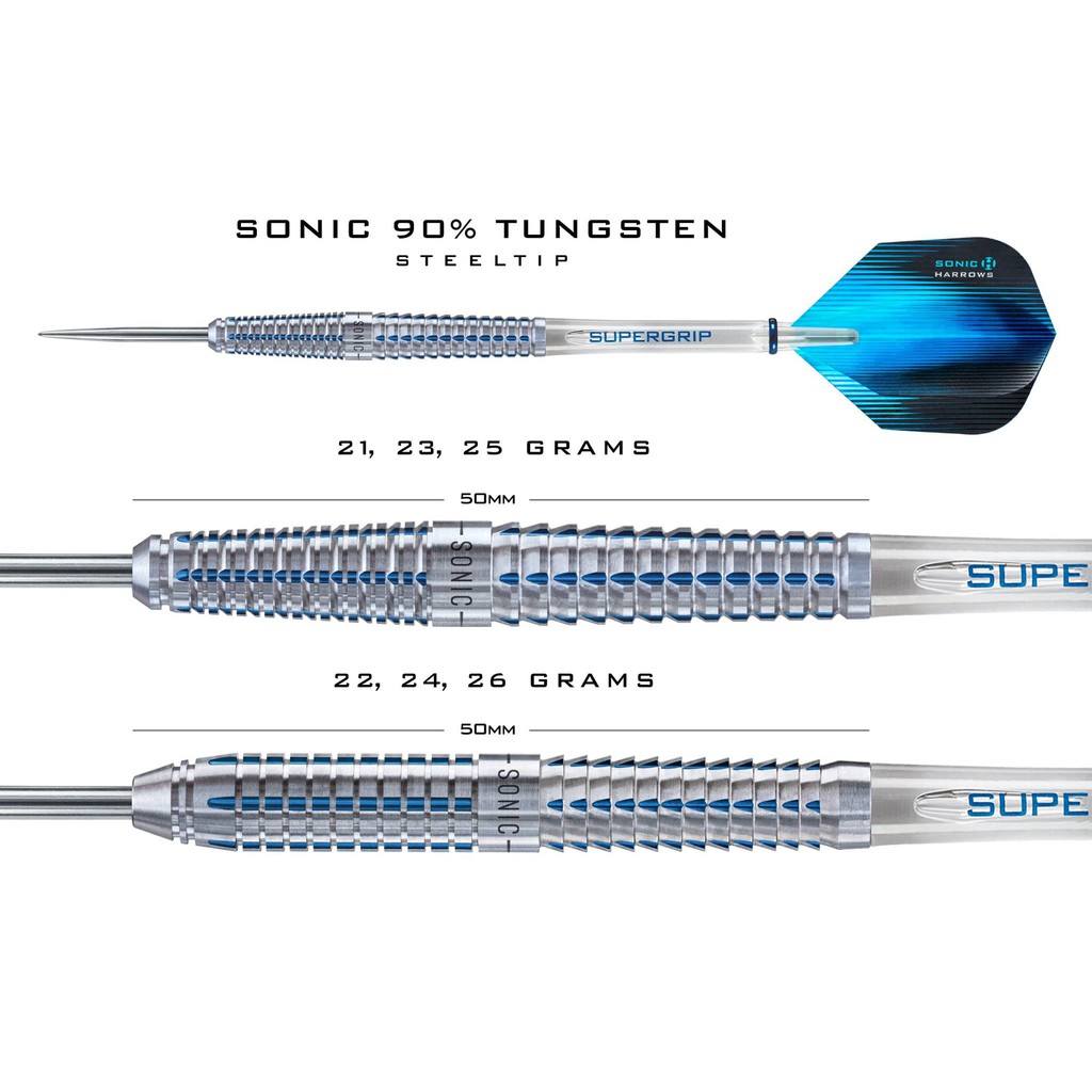 Harrows Sonic 90% Tungsten Steel Tip Darts Set Blue Titanium Coating 