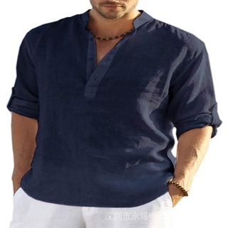 Men's Cotton Linen Henley Shirt Long Sleeve Hippie Casual Beach T Shirts Lnh7 #3