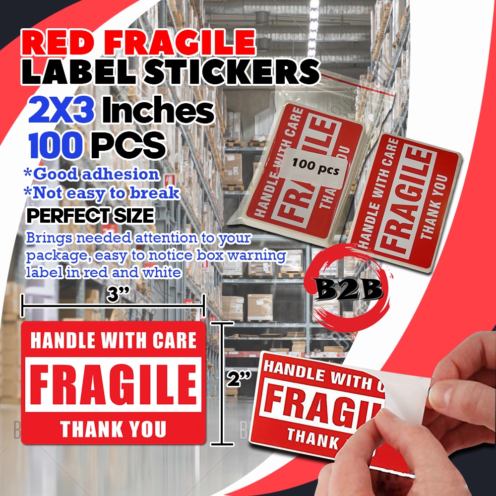 2 x 3 inch Fragile Stickers Warning Label for Parcels and Boxes Handle