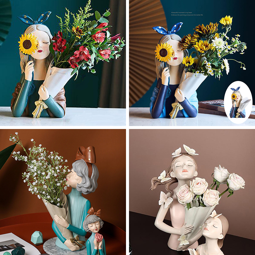 Love Home Nordic Retro Vase Girl Sculpture Resin Vase Pot Flower Vase