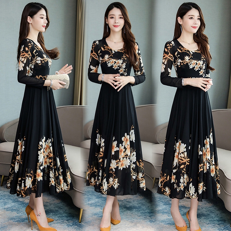 Korean Style Floral Long Dress Women Long Dress Maxi Dresses Slim Long-Sleeved  Summer Casual A-Line Maxi Dress Pakaian Wanita Gaun Maxi | Shopee  Philippines