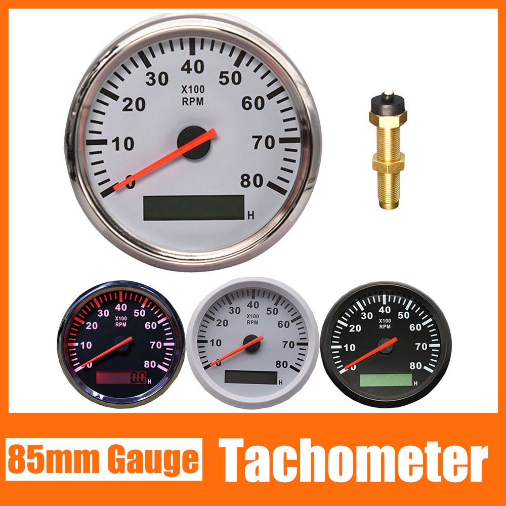 85mm Tachometer Gauge With Digital LCD Hourmeter - 12V/24V 0-80RPM For Gas Engines