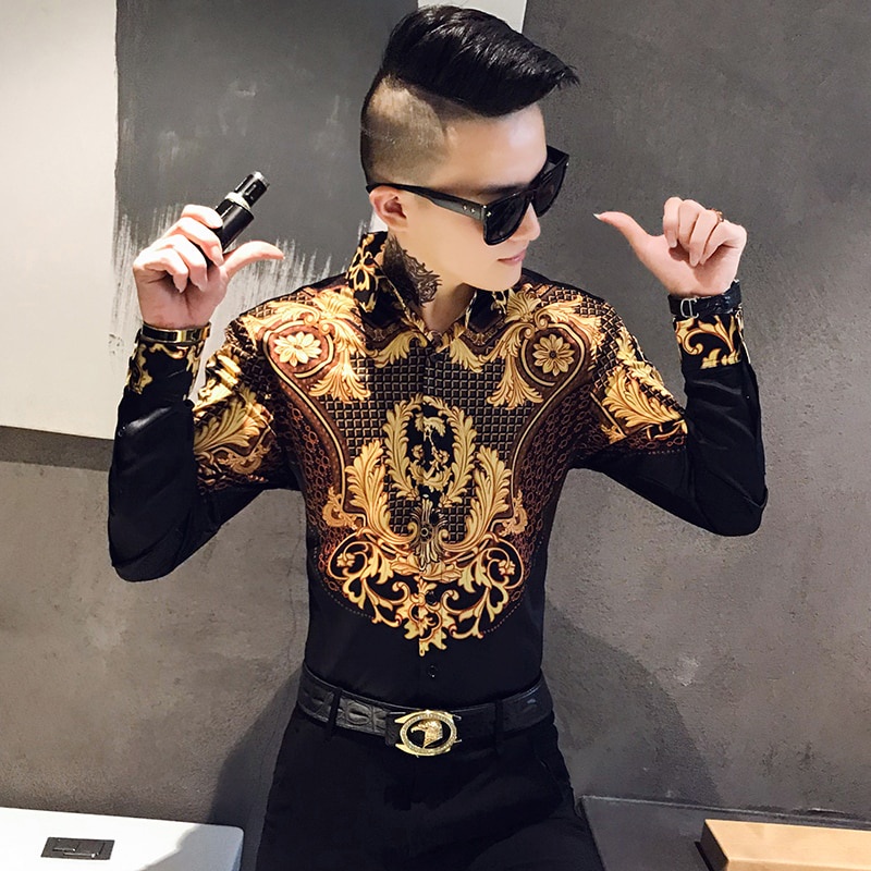 Luxury Paisley Black Gold Printed Shirt Men's Royal Club Clothing Korean Men's Slim Long Sleeve Shirt Tuxedo Shirt