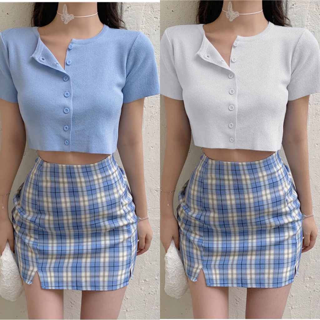 Korean Terno Knitted top+Plaid skirt | Shopee Philippines