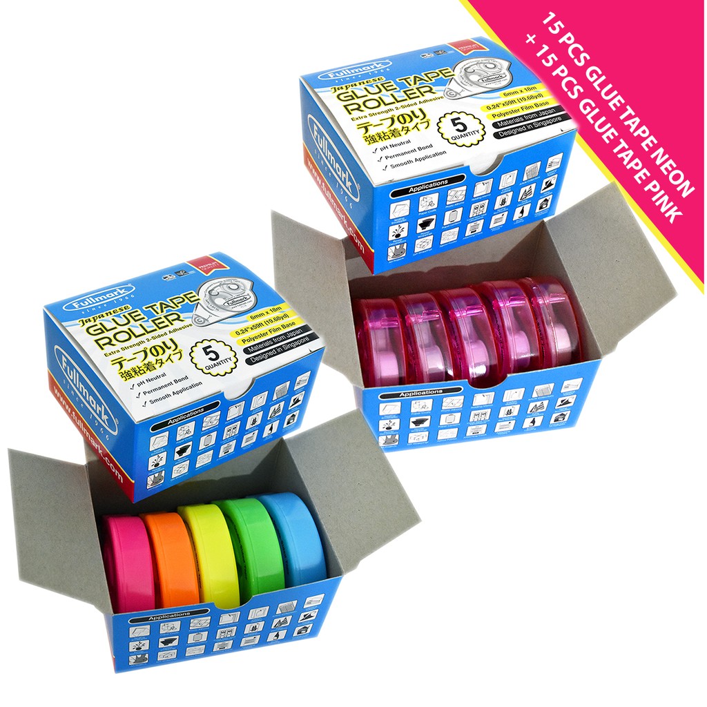 Fullmark Glue Tape Roller Double Sided Stationery Pink + Neon (6mm X