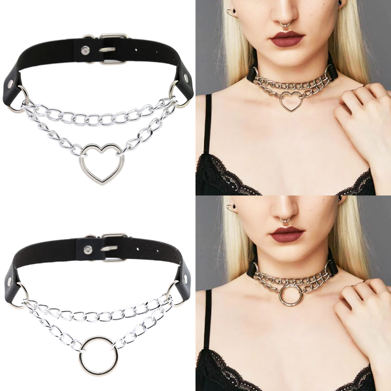 Demarkt Fashion Women Clavicle Necklace with PU Leather and Love Heart Shape Ring Goth Choker Necklace Black 