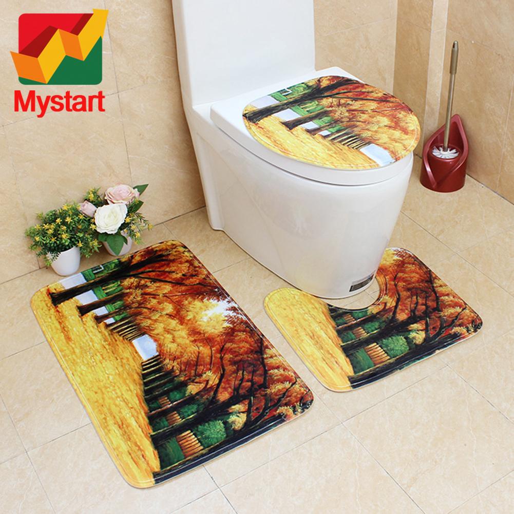 3pcs Nature View Bathroom Mat Set Anti Slip Washable Toilet Cover Floor Bath Mats Bathroom Rugs