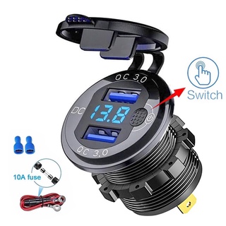 Quick Charge QC 3.0 36W Waterproof Car Dual USB Charger Socket With Voltmeter Switch For 12V/24V Motorcycle ATV Boat Truck