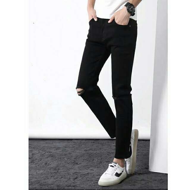 knee cut black jeans men