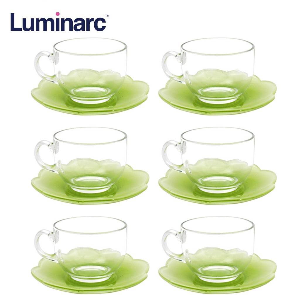 Luminarc Flore Green Tempered Glass Coffee Cup and Saucer Set 22cl
