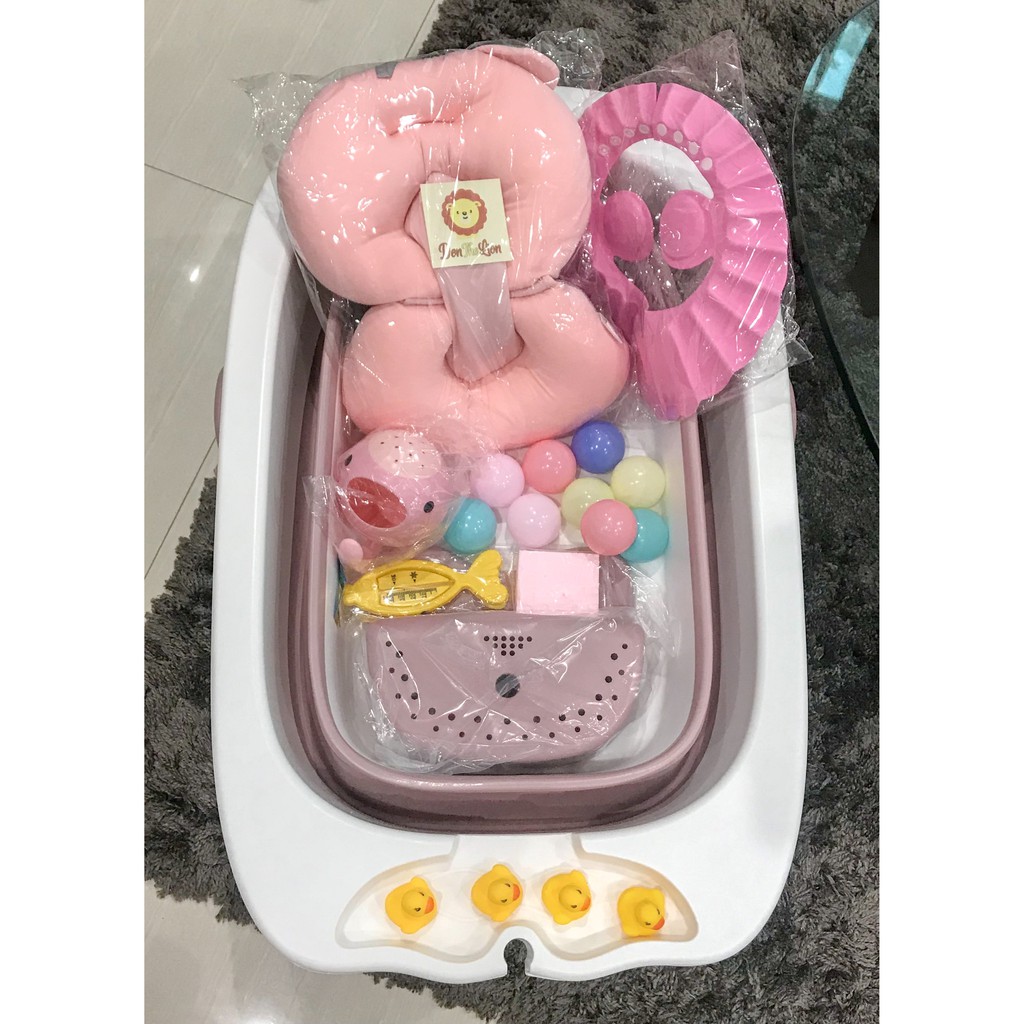 BIG Foldable Collapsible Bath Tub w/ Cushion, Stool, Shower Cap, Rinse Cup, Bath Sponge, Toys Large