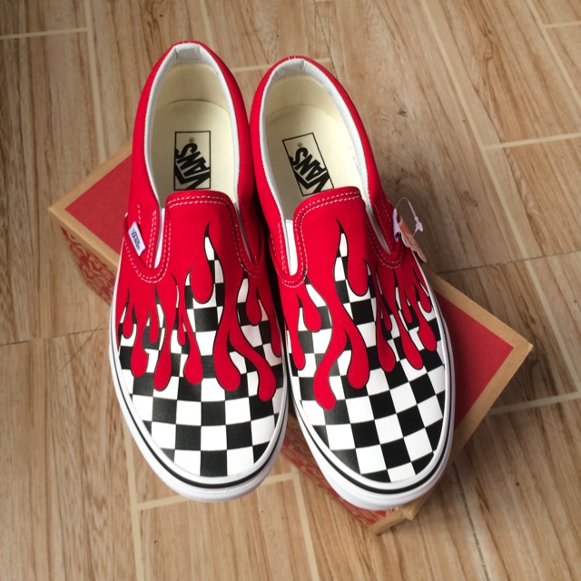 vans checkered flame slip ons