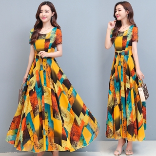 Summer New Korean Style Women's Elegant Lady Floral Dress Mid-Length Slim-Fit Short Sleeve Printed A Word Dress