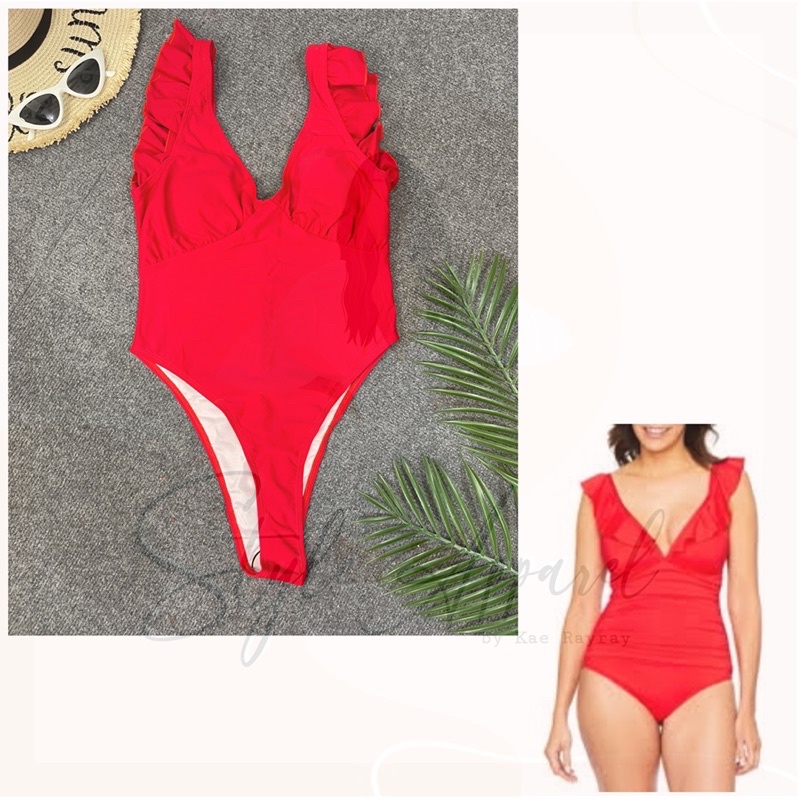 Shein Red V Cut Frill One Piece Swimsuit Shopee Philippines