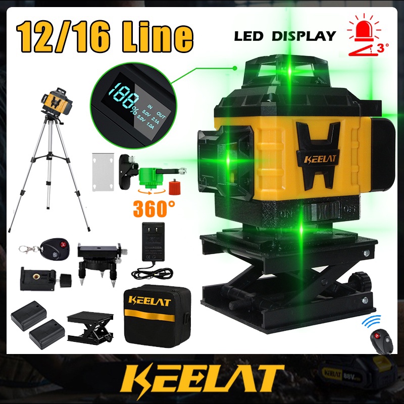 KEELAT 12 16 Line 3D 4D Laser Level Green Light Cross SelfLeveling
