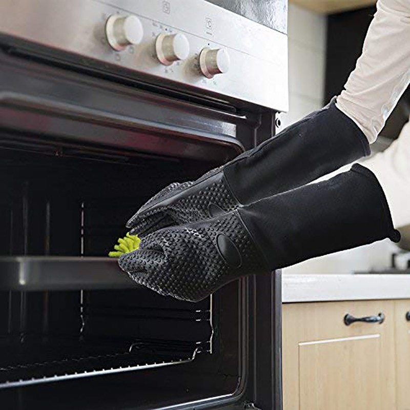 Roontin Anti-Slip Kitchen Oven Gloves Pot Holders with Cotton Lining for Kitchen Extra Long Silicone Oven Mitt Heat Resistant BBQ Oven Mitts Cooking Grilling Baking 