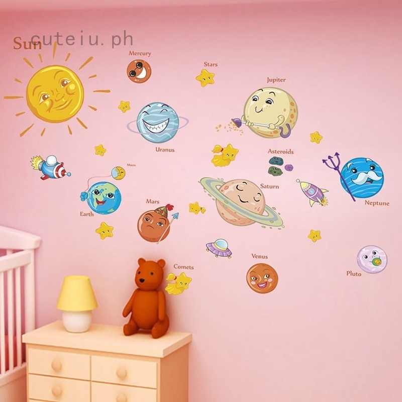 Stylish Solar System Planets Moon Cartoon Wall Stickers Kids Gift Bedroom Decorative Diy