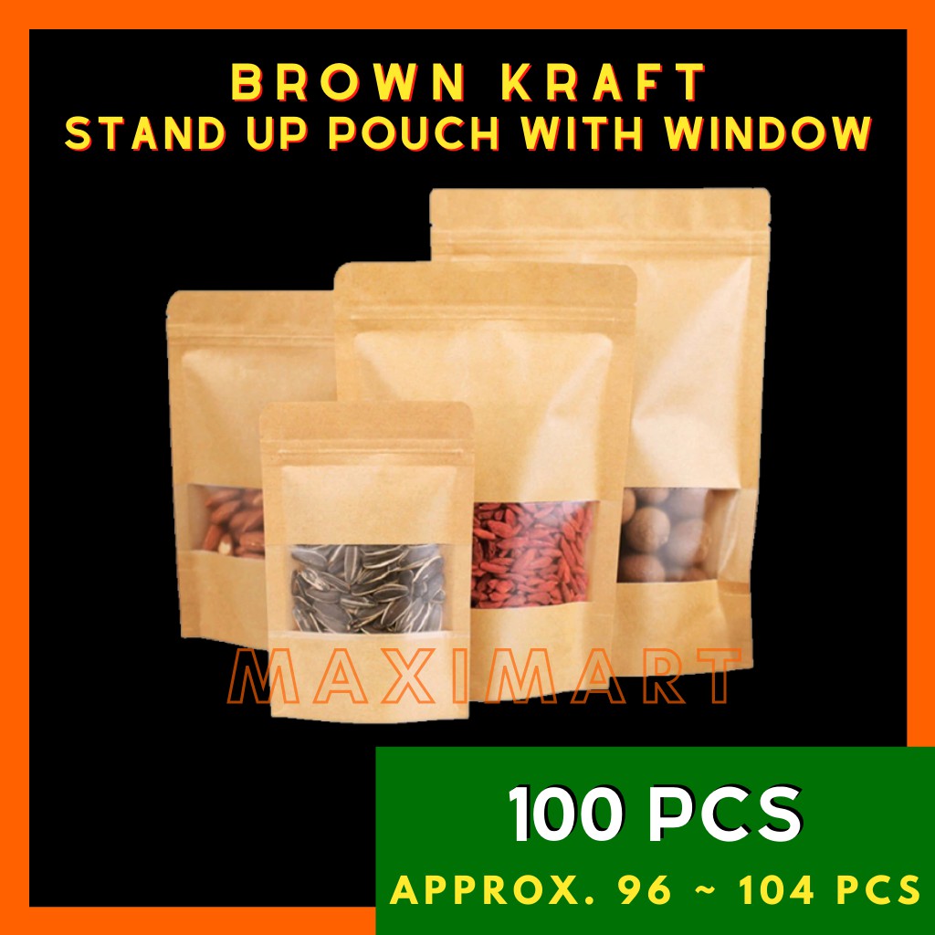 100pcs Kraft Brown Stand Up Pouch with Zip Lock Paper Bag Ziplock ...