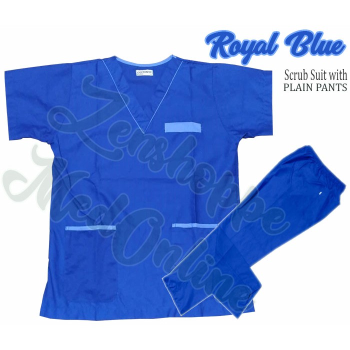Scrub Suit Set with Piping & Plain Pants (Royal Blue) [LCR] Shopee