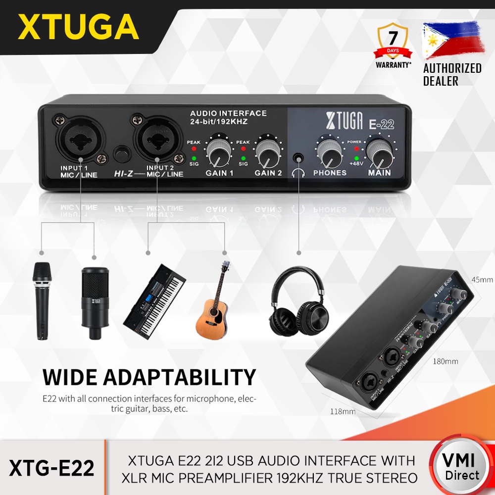XTUGA E22 2i2 USB Audio Interface with XLR Mic Preamplifier 192kHz VMI ...