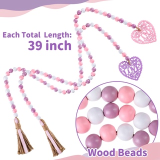 2 Pieces Valentine's Day Heart Wooden Beads Hanging Garland Farmhouse Beads Prayer Bead for Tiered Tray Decor #2