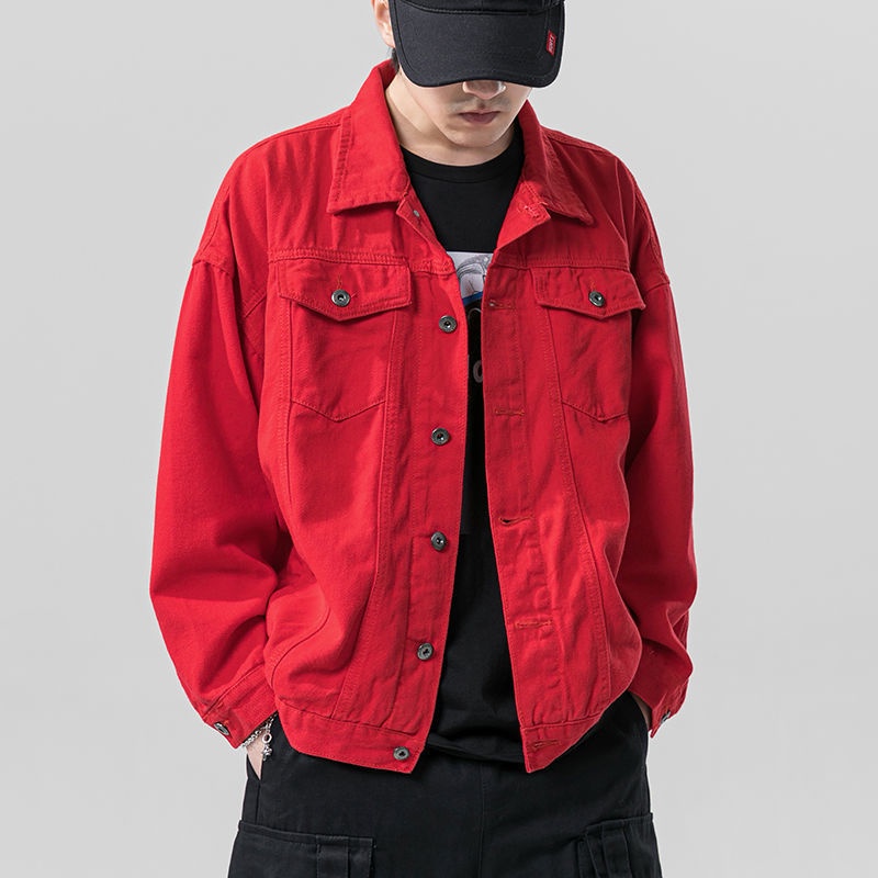 red jeans jacket men