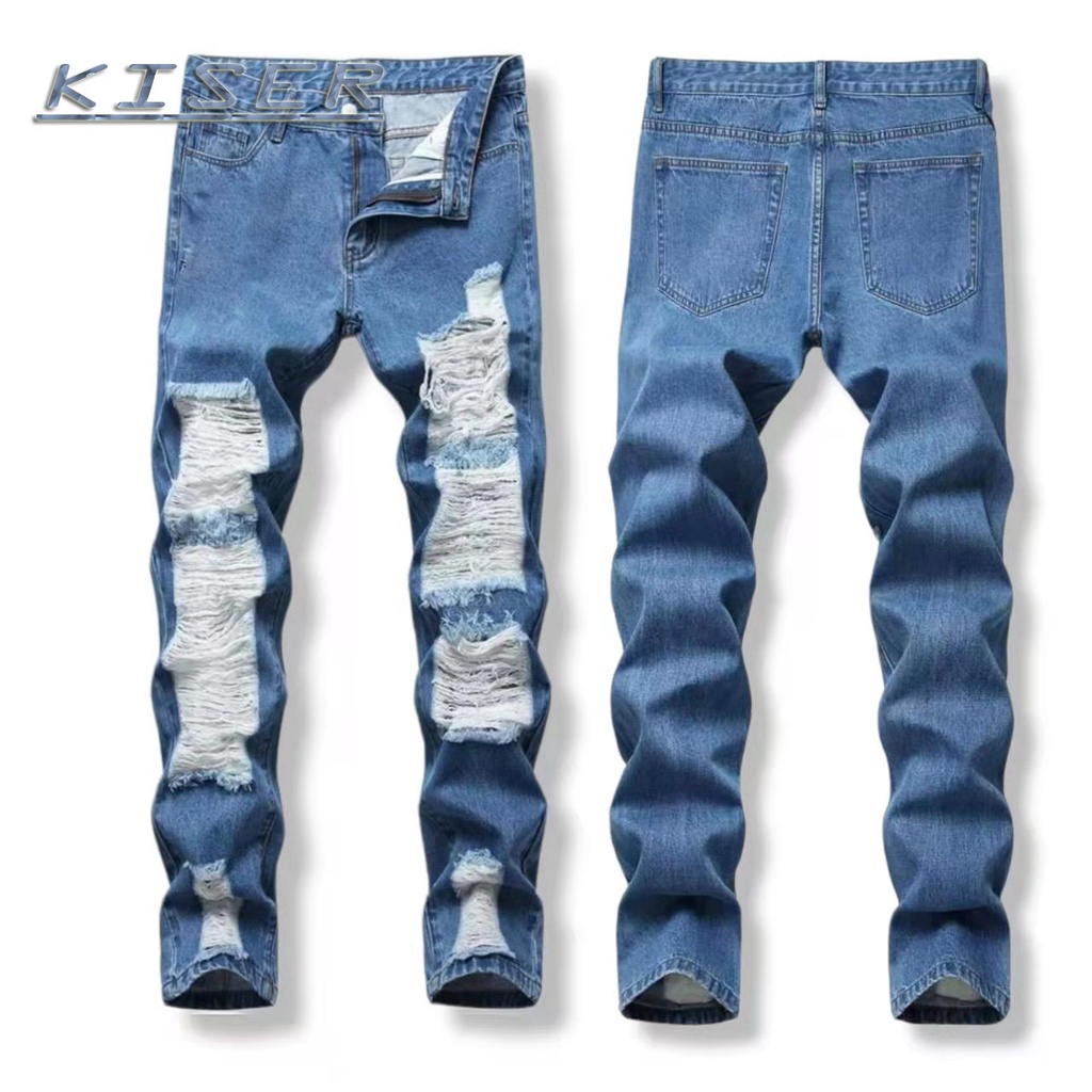 Man Light Blue Jeans Tattered Knee Cut Design Pants / Lalaki Maong ...