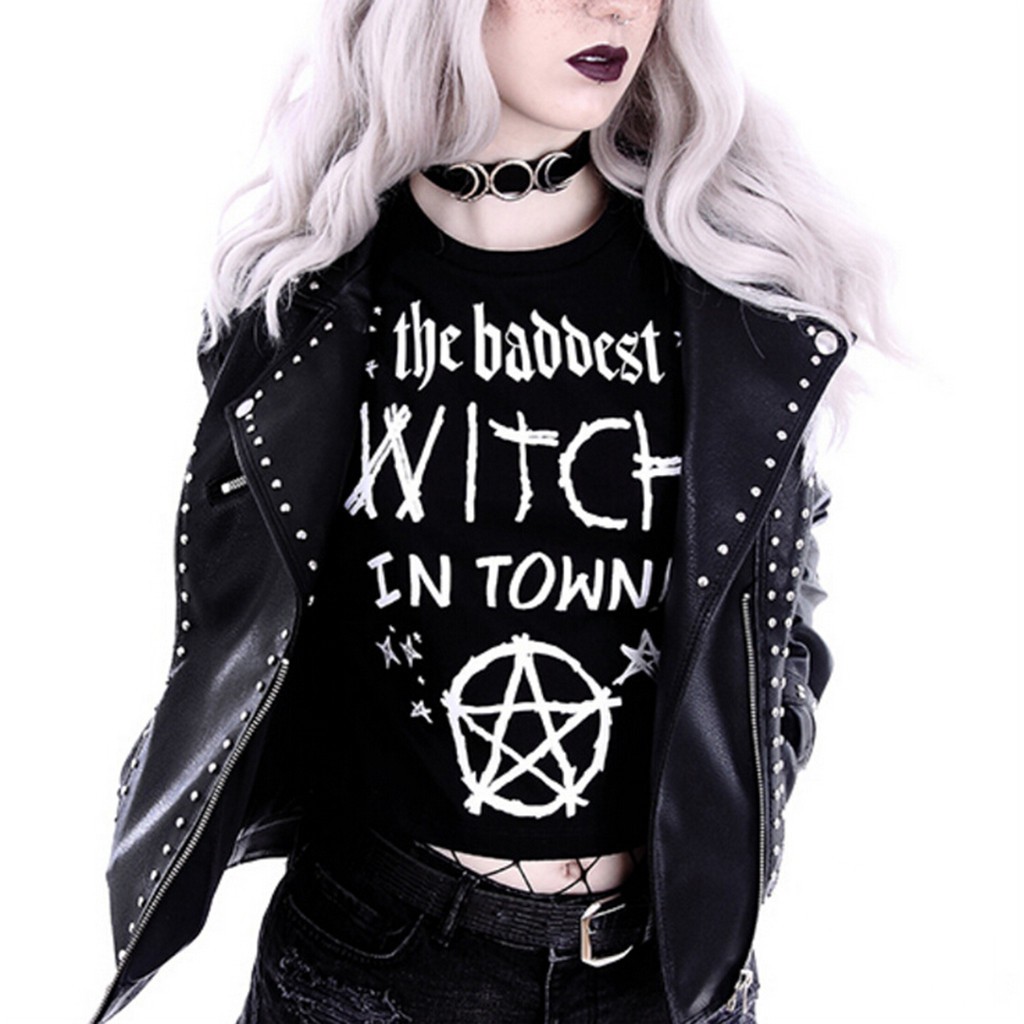 Bsjstore Women S Fashion Gothic Style Punk Girl Casual Short Sleeve Crop Top Shopee Philippines