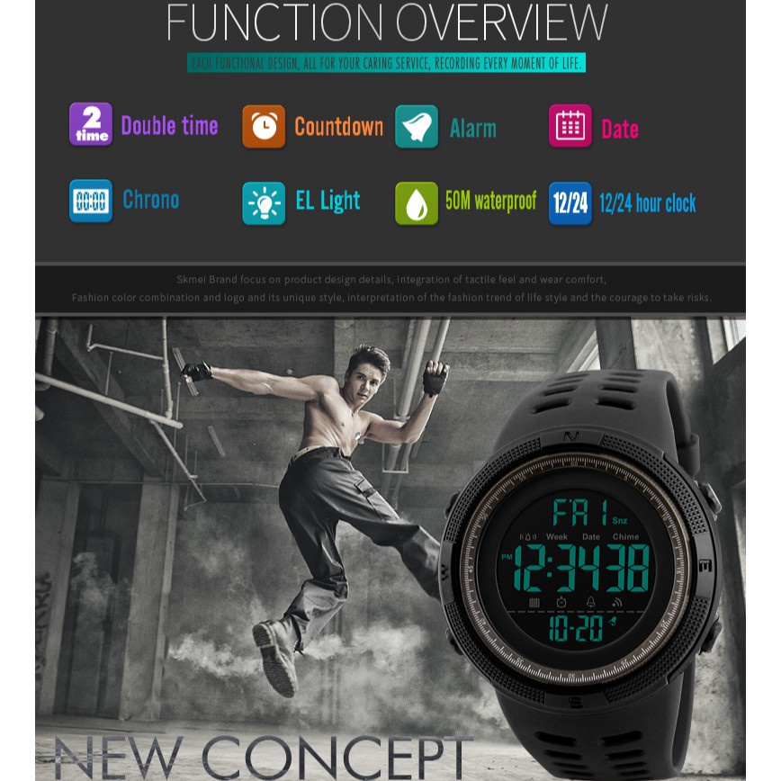 SKMEI  Official 1251 50m Waterproof Men's Digital Sports Watch Multi-function EL Light Alarm clock relo watches