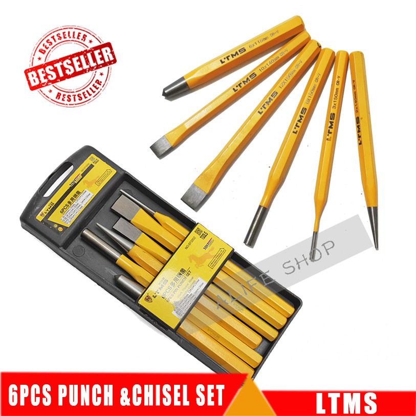 6piece set of punches and chisels, including tapers, cold chisels, pin