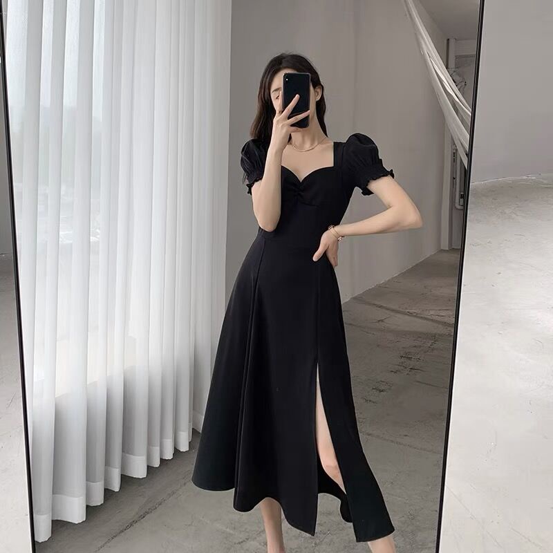 summer black formal dress for women casual elegant dress with slit ...